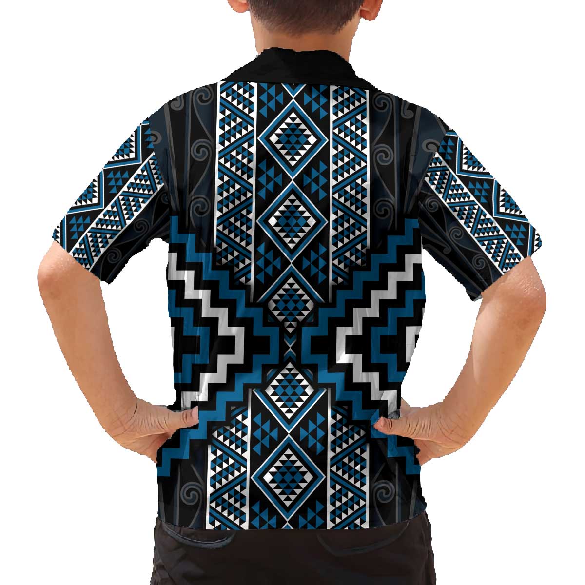 Azure Tukutuku Pattern Aotearoa Family Matching Off The Shoulder Long Sleeve Dress and Hawaiian Shirt Niho Taniwha and Puhoro Motifs LT7 - Polynesian Pride