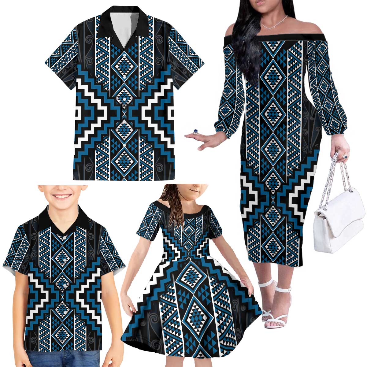 Azure Tukutuku Pattern Aotearoa Family Matching Off The Shoulder Long Sleeve Dress and Hawaiian Shirt Niho Taniwha and Puhoro Motifs LT7 - Polynesian Pride