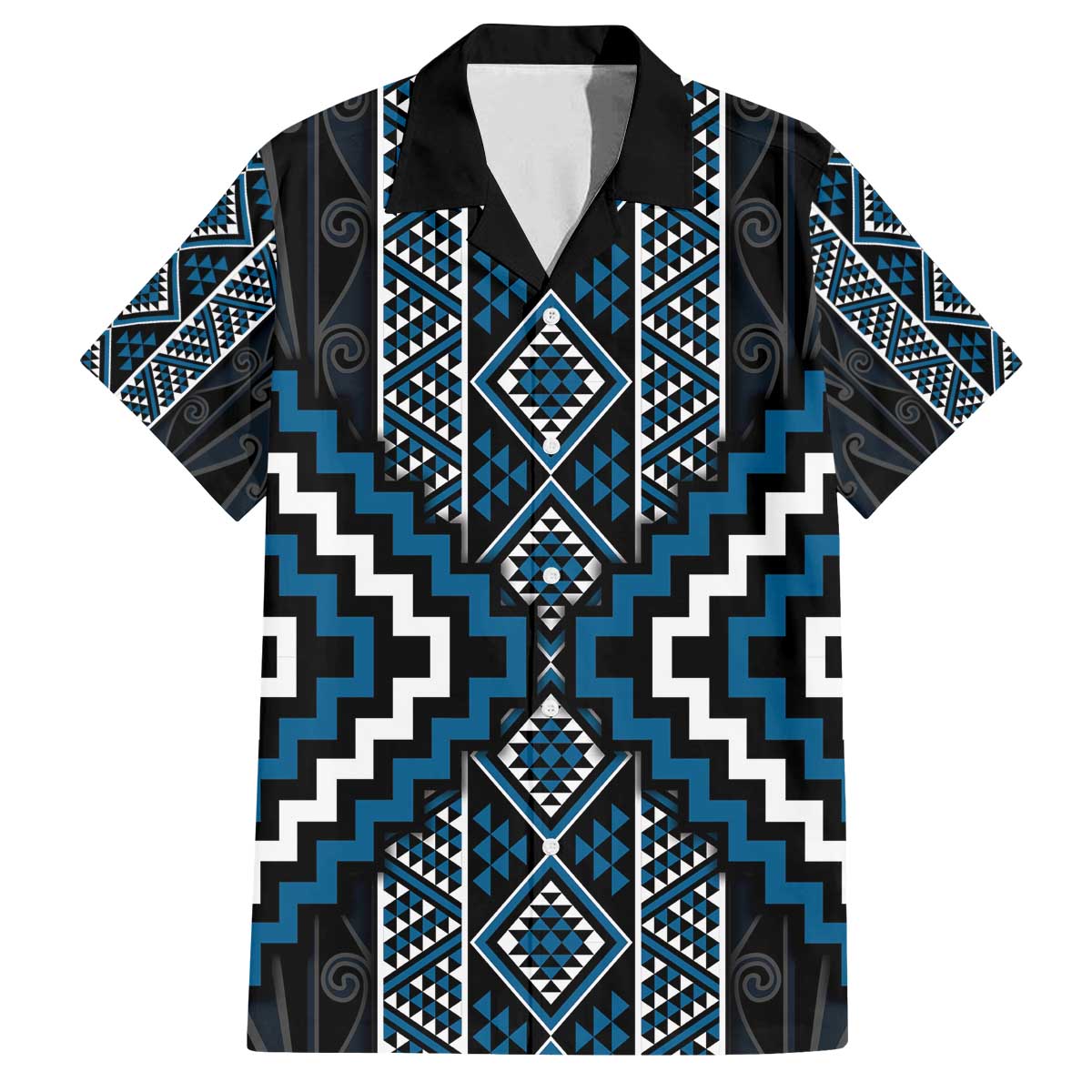 Azure Tukutuku Pattern Aotearoa Family Matching Off The Shoulder Long Sleeve Dress and Hawaiian Shirt Niho Taniwha and Puhoro Motifs LT7 Dad's Shirt - Short Sleeve Blue - Polynesian Pride