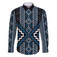Azure Tukutuku Pattern Aotearoa Family Matching Off The Shoulder Long Sleeve Dress and Hawaiian Shirt Niho Taniwha and Puhoro Motifs LT7 Dad's Shirt - Long Sleeve Blue - Polynesian Pride