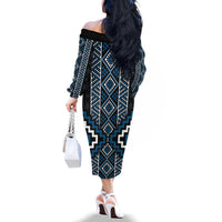 Azure Tukutuku Pattern Aotearoa Family Matching Off The Shoulder Long Sleeve Dress and Hawaiian Shirt Niho Taniwha and Puhoro Motifs LT7 - Polynesian Pride