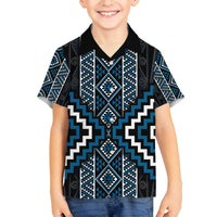 Azure Tukutuku Pattern Aotearoa Family Matching Off The Shoulder Long Sleeve Dress and Hawaiian Shirt Niho Taniwha and Puhoro Motifs LT7 Son's Shirt Blue - Polynesian Pride