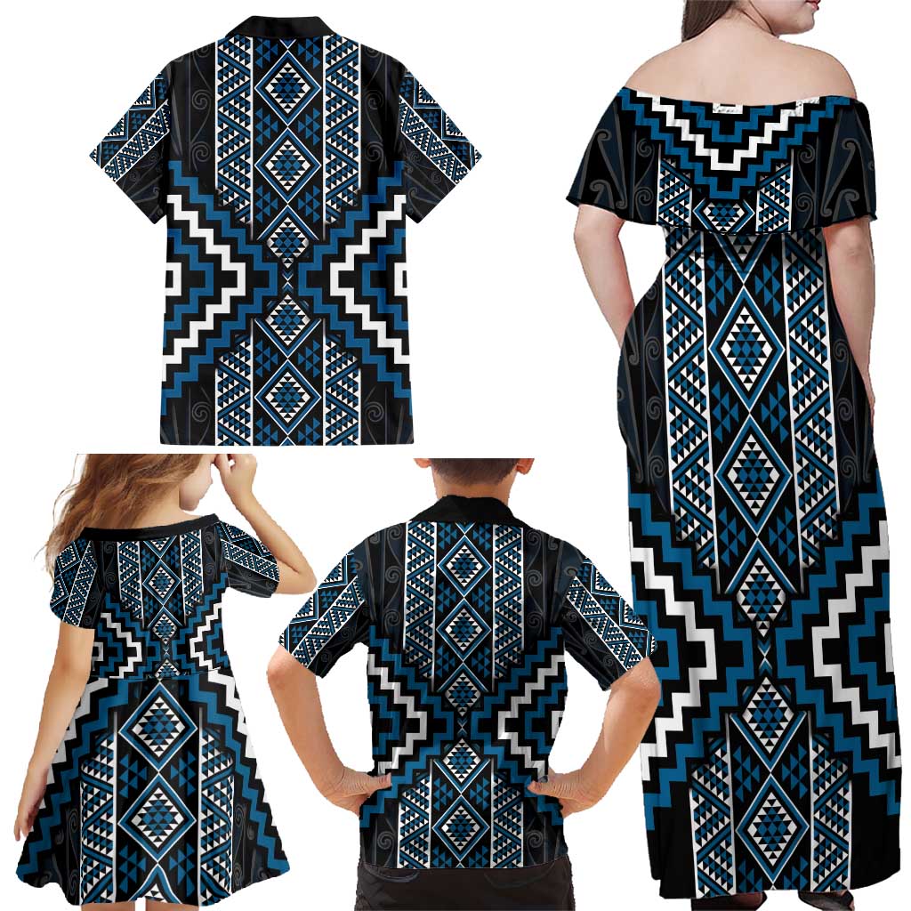 Azure Tukutuku Pattern Aotearoa Family Matching Off Shoulder Maxi Dress and Hawaiian Shirt Niho Taniwha and Puhoro Motifs LT7 - Polynesian Pride