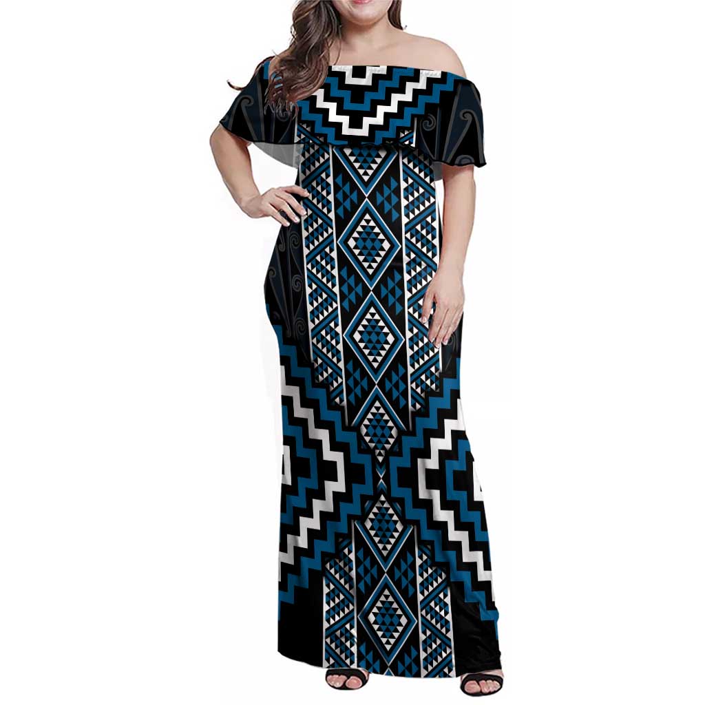 Azure Tukutuku Pattern Aotearoa Family Matching Off Shoulder Maxi Dress and Hawaiian Shirt Niho Taniwha and Puhoro Motifs LT7 Mom's Dress Blue - Polynesian Pride