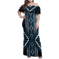 Azure Tukutuku Pattern Aotearoa Family Matching Off Shoulder Maxi Dress and Hawaiian Shirt Niho Taniwha and Puhoro Motifs LT7 Mom's Dress Blue - Polynesian Pride