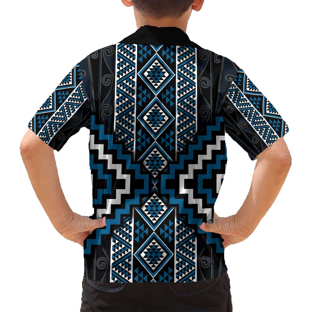 Azure Tukutuku Pattern Aotearoa Family Matching Off Shoulder Short Dress and Hawaiian Shirt Niho Taniwha and Puhoro Motifs LT7 - Polynesian Pride