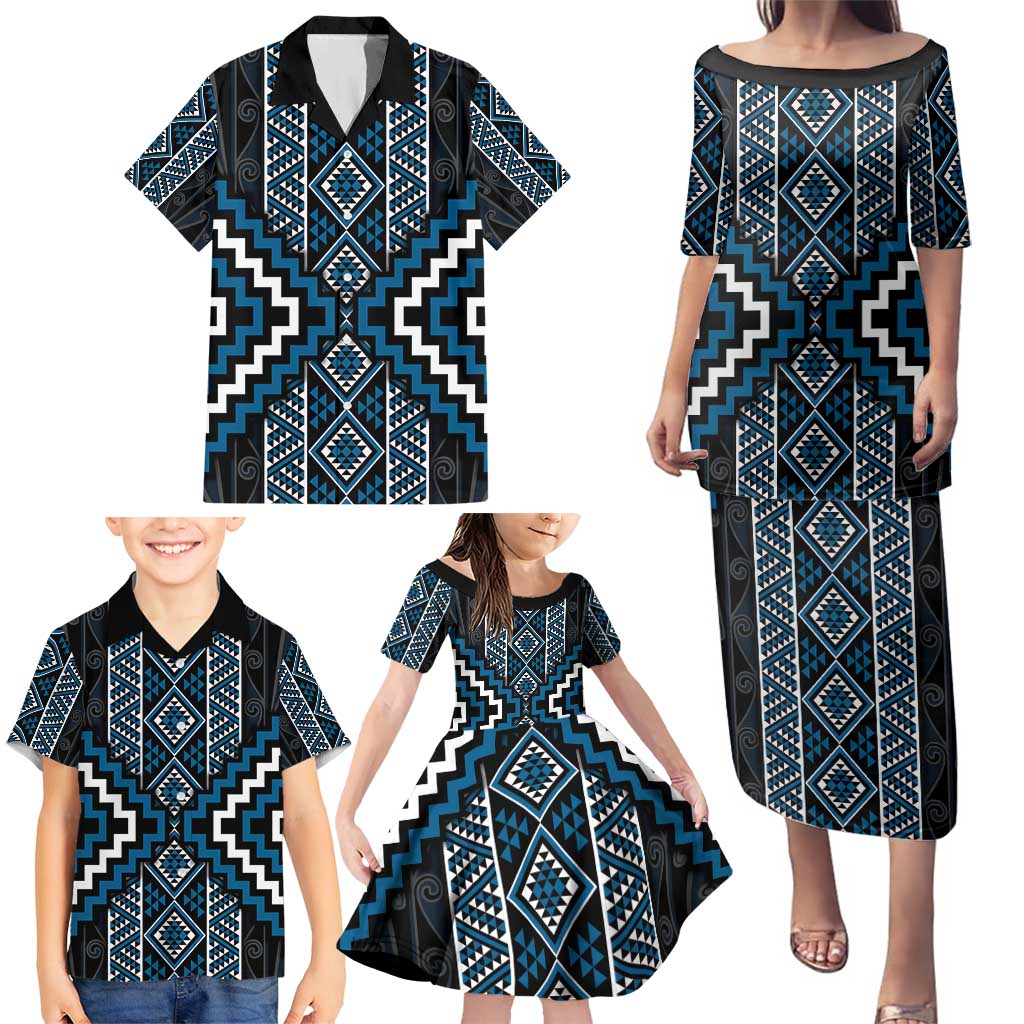 Azure Tukutuku Pattern Aotearoa Family Matching Puletasi and Hawaiian Shirt Niho Taniwha and Puhoro Motifs LT7 - Polynesian Pride