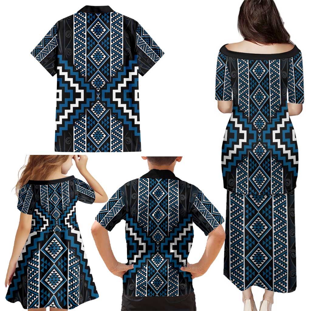 Azure Tukutuku Pattern Aotearoa Family Matching Puletasi and Hawaiian Shirt Niho Taniwha and Puhoro Motifs LT7 - Polynesian Pride