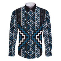 Azure Tukutuku Pattern Aotearoa Family Matching Puletasi and Hawaiian Shirt Niho Taniwha and Puhoro Motifs LT7 Dad's Shirt - Long Sleeve Blue - Polynesian Pride