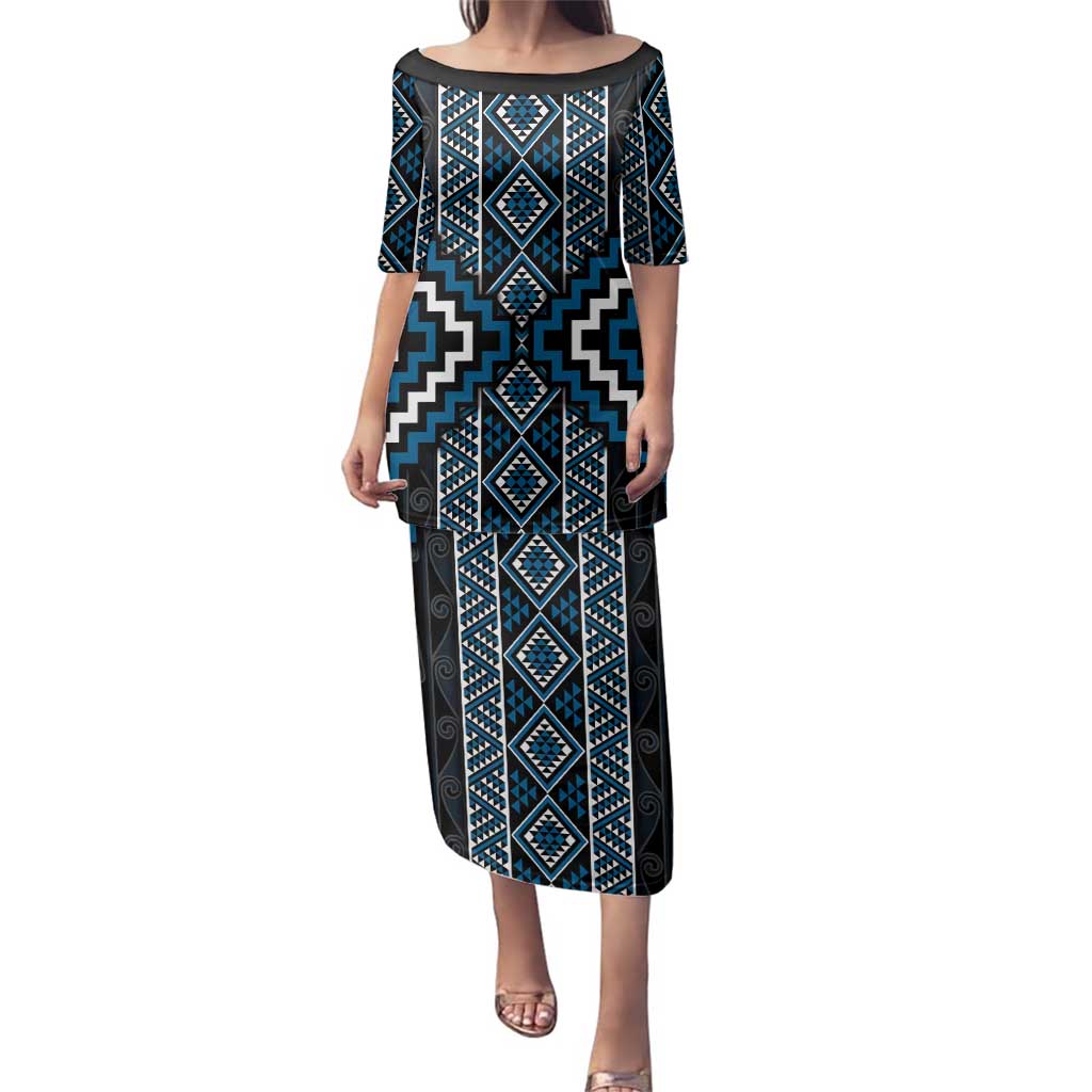 Azure Tukutuku Pattern Aotearoa Family Matching Puletasi and Hawaiian Shirt Niho Taniwha and Puhoro Motifs LT7 Mom's Dress Blue - Polynesian Pride