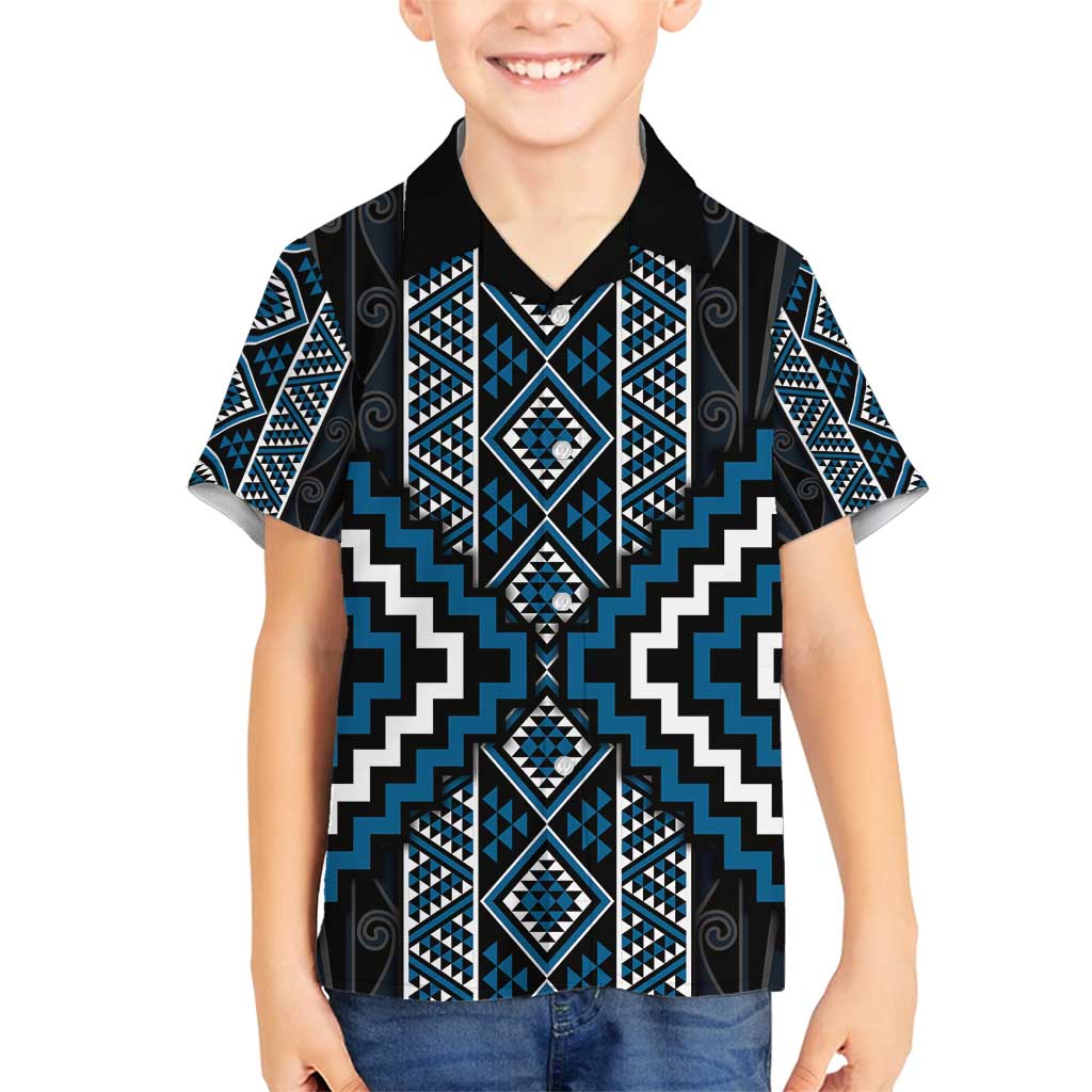 Azure Tukutuku Pattern Aotearoa Family Matching Puletasi and Hawaiian Shirt Niho Taniwha and Puhoro Motifs LT7 Son's Shirt Blue - Polynesian Pride
