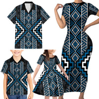 Azure Tukutuku Pattern Aotearoa Family Matching Short Sleeve Bodycon Dress and Hawaiian Shirt Niho Taniwha and Puhoro Motifs LT7 - Polynesian Pride
