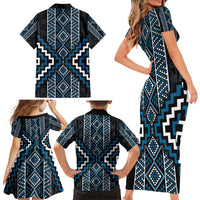 Azure Tukutuku Pattern Aotearoa Family Matching Short Sleeve Bodycon Dress and Hawaiian Shirt Niho Taniwha and Puhoro Motifs LT7 - Polynesian Pride