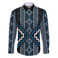 Azure Tukutuku Pattern Aotearoa Family Matching Short Sleeve Bodycon Dress and Hawaiian Shirt Niho Taniwha and Puhoro Motifs LT7 Dad's Shirt - Long Sleeve Blue - Polynesian Pride