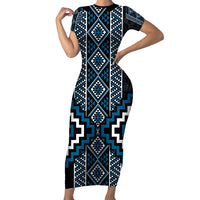 Azure Tukutuku Pattern Aotearoa Family Matching Short Sleeve Bodycon Dress and Hawaiian Shirt Niho Taniwha and Puhoro Motifs LT7 Mom's Dress Blue - Polynesian Pride