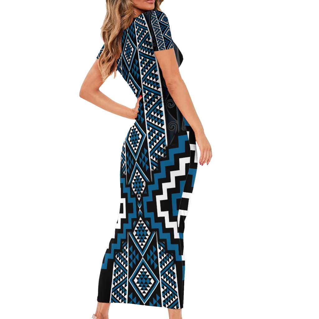 Azure Tukutuku Pattern Aotearoa Family Matching Short Sleeve Bodycon Dress and Hawaiian Shirt Niho Taniwha and Puhoro Motifs LT7 - Polynesian Pride