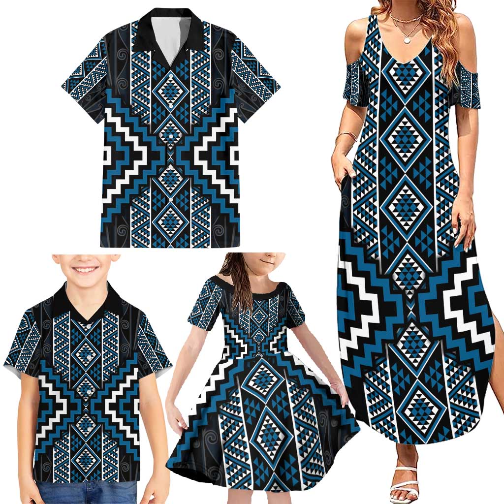 Azure Tukutuku Pattern Aotearoa Family Matching Summer Maxi Dress and Hawaiian Shirt Niho Taniwha and Puhoro Motifs LT7 - Polynesian Pride