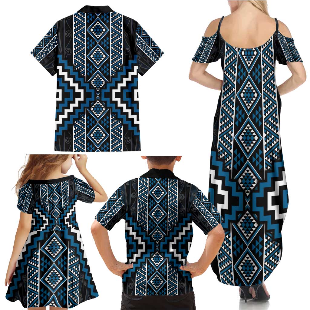 Azure Tukutuku Pattern Aotearoa Family Matching Summer Maxi Dress and Hawaiian Shirt Niho Taniwha and Puhoro Motifs LT7 - Polynesian Pride