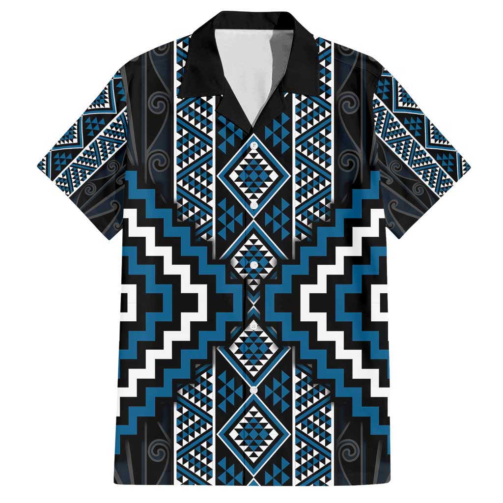 Azure Tukutuku Pattern Aotearoa Family Matching Summer Maxi Dress and Hawaiian Shirt Niho Taniwha and Puhoro Motifs LT7 Dad's Shirt - Short Sleeve Blue - Polynesian Pride