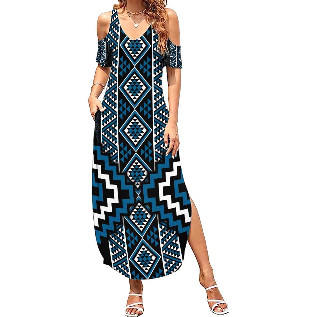Azure Tukutuku Pattern Aotearoa Family Matching Summer Maxi Dress and Hawaiian Shirt Niho Taniwha and Puhoro Motifs LT7 Mom's Dress Blue - Polynesian Pride