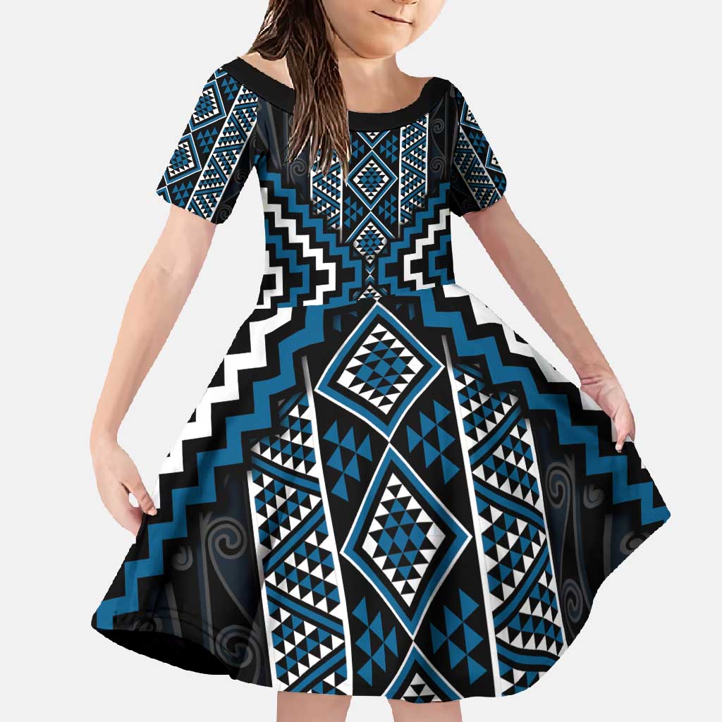 Azure Tukutuku Pattern Aotearoa Family Matching Tank Maxi Dress and Hawaiian Shirt Niho Taniwha and Puhoro Motifs LT7 Daughter's Dress Blue - Polynesian Pride