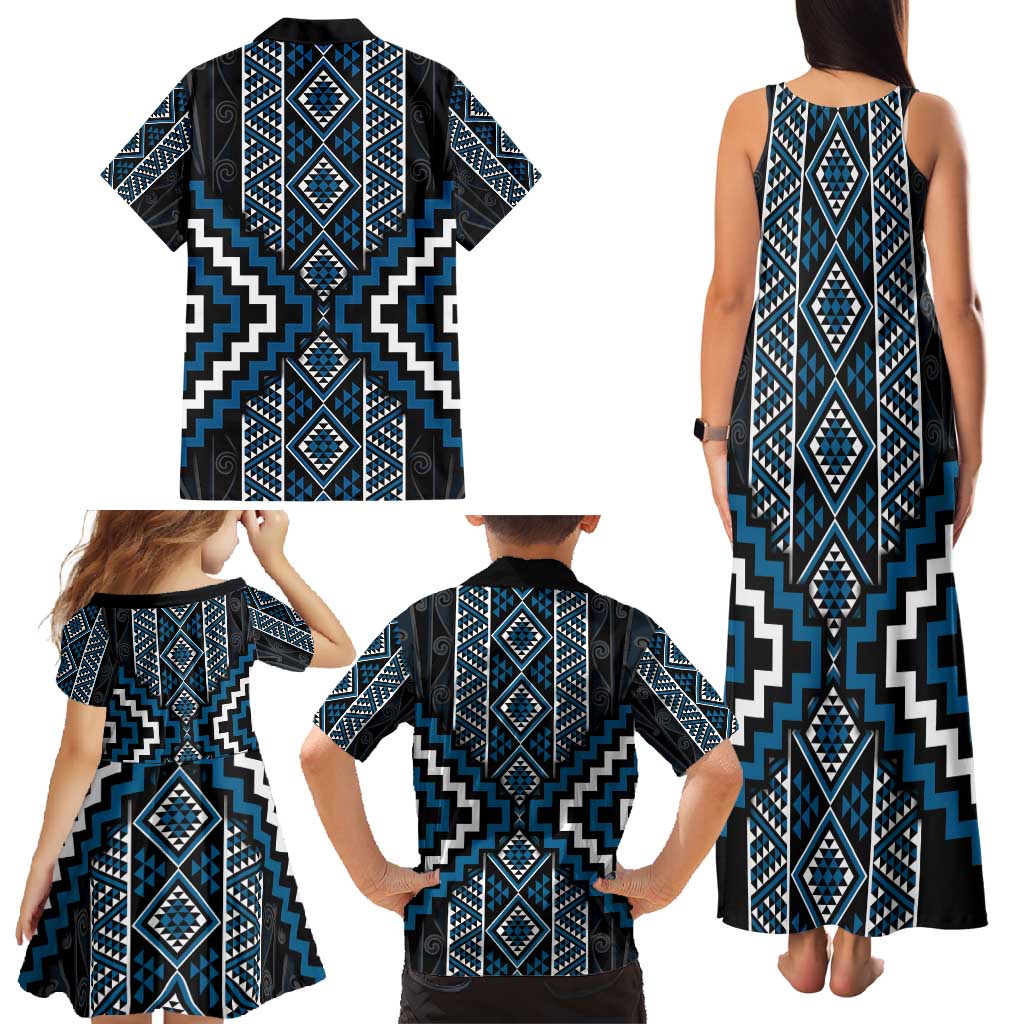 Azure Tukutuku Pattern Aotearoa Family Matching Tank Maxi Dress and Hawaiian Shirt Niho Taniwha and Puhoro Motifs LT7 - Polynesian Pride