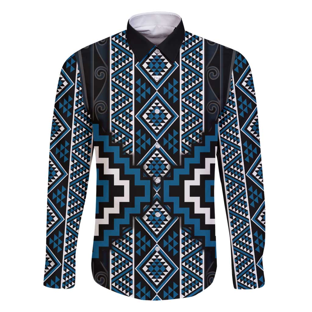 Azure Tukutuku Pattern Aotearoa Family Matching Tank Maxi Dress and Hawaiian Shirt Niho Taniwha and Puhoro Motifs LT7 Dad's Shirt - Long Sleeve Blue - Polynesian Pride