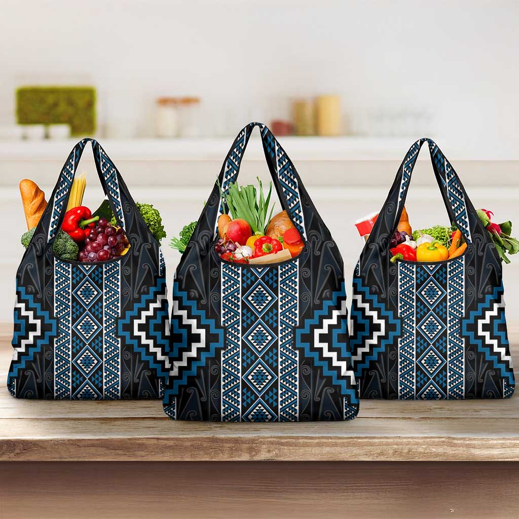 Azure Tukutuku Pattern Aotearoa Grocery Bag Niho Taniwha and Puhoro Motifs