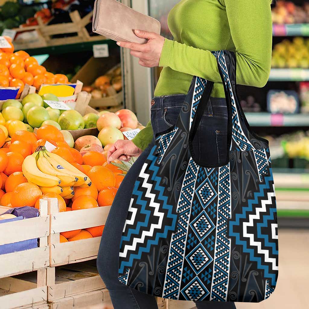 Azure Tukutuku Pattern Aotearoa Grocery Bag Niho Taniwha and Puhoro Motifs