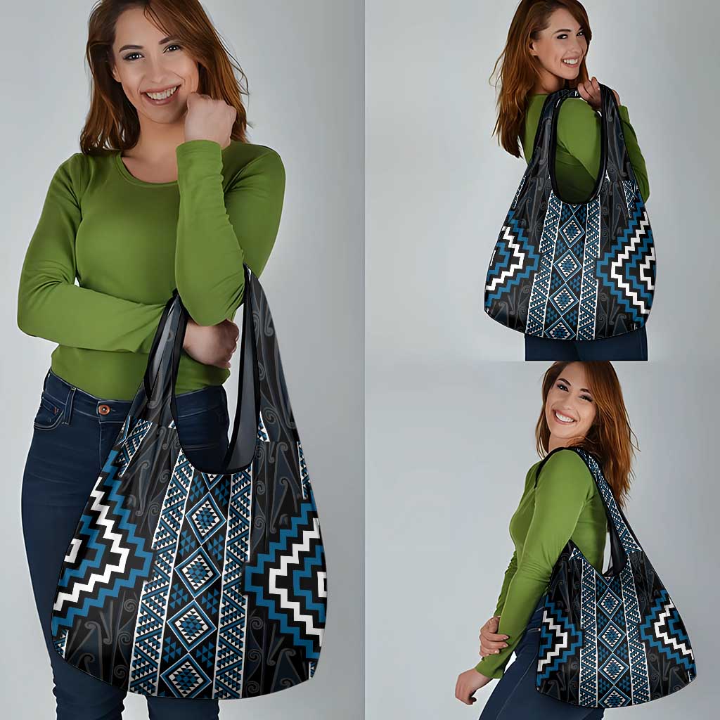 Azure Tukutuku Pattern Aotearoa Grocery Bag Niho Taniwha and Puhoro Motifs