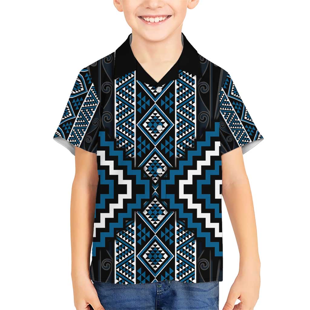 Azure Tukutuku Pattern Aotearoa Hawaiian Shirt Niho Taniwha and Puhoro Motifs