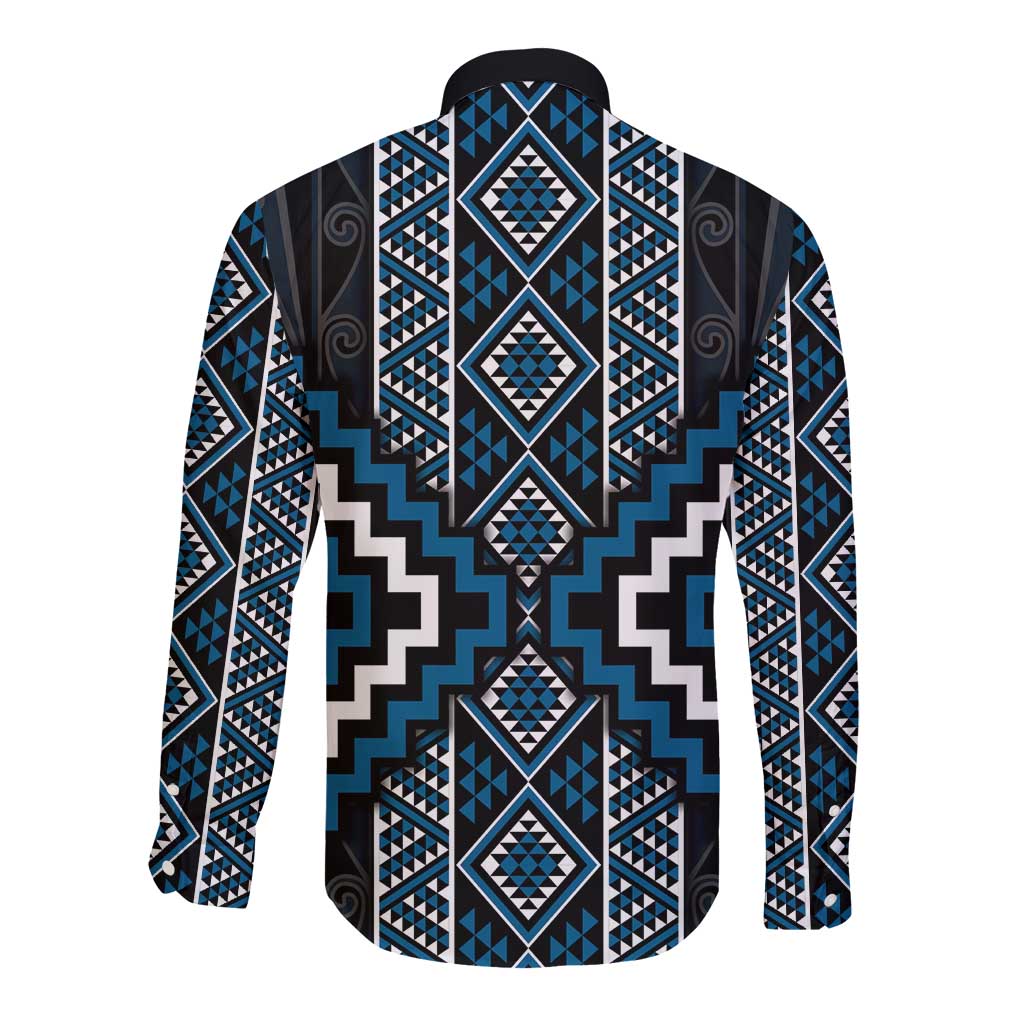 Azure Tukutuku Pattern Aotearoa Long Sleeve Button Shirt Niho Taniwha and Puhoro Motifs
