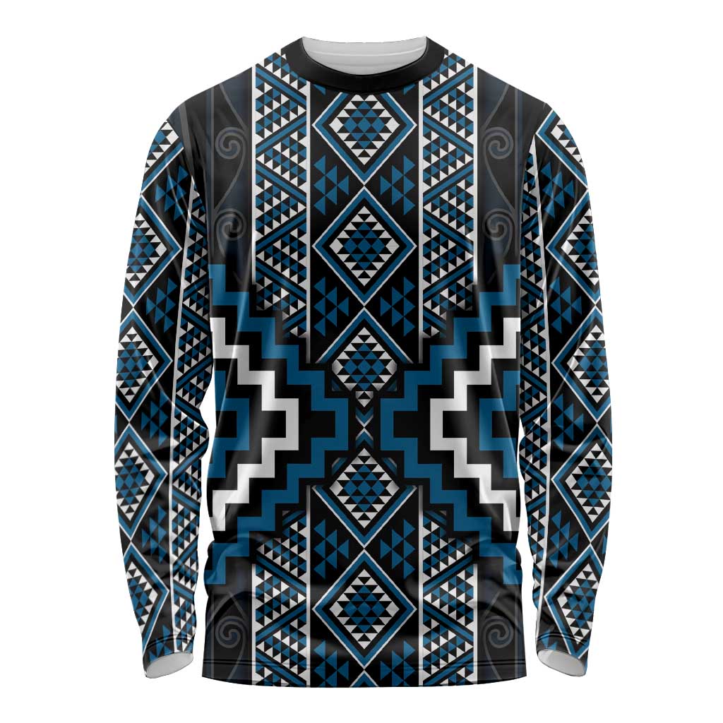 Azure Tukutuku Pattern Aotearoa Long Sleeve Shirt Niho Taniwha and Puhoro Motifs