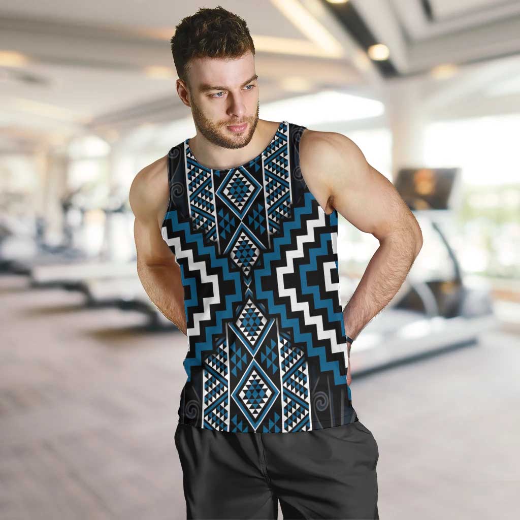 Azure Tukutuku Pattern Aotearoa Men Tank Top Niho Taniwha and Puhoro Motifs LT7 Blue - Polynesian Pride