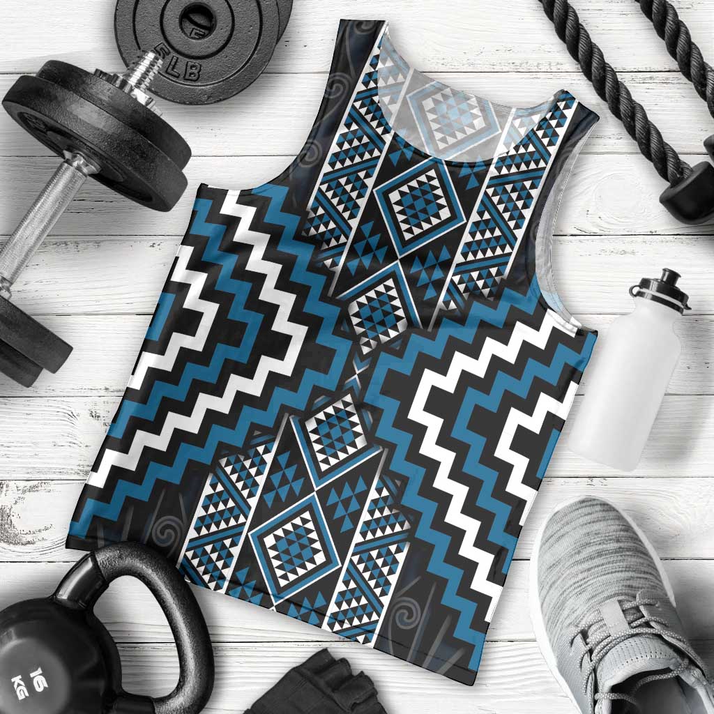 Azure Tukutuku Pattern Aotearoa Men Tank Top Niho Taniwha and Puhoro Motifs