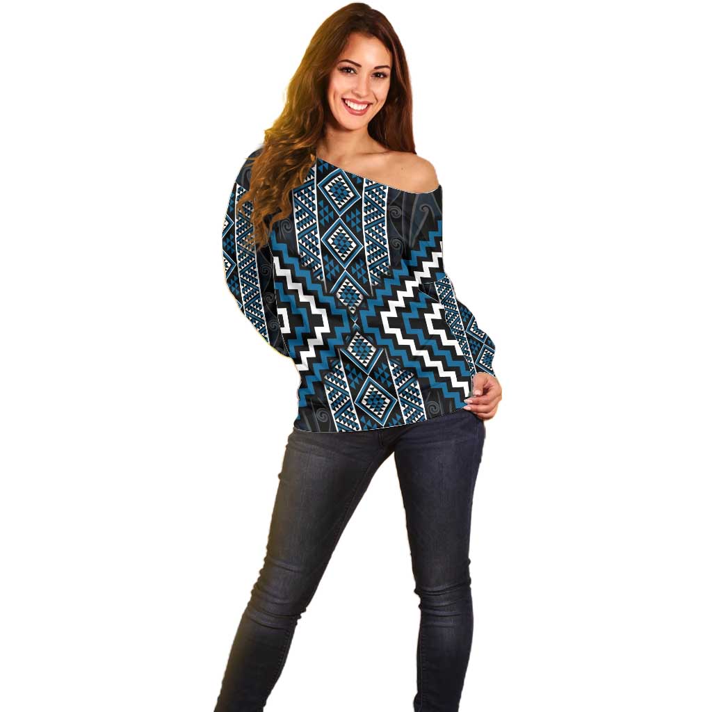 Azure Tukutuku Pattern Aotearoa Off Shoulder Sweater Niho Taniwha and Puhoro Motifs