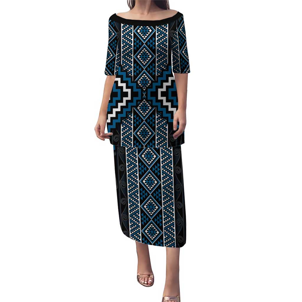 Azure Tukutuku Pattern Aotearoa Puletasi Niho Taniwha and Puhoro Motifs LT7 Long Dress Blue - Polynesian Pride