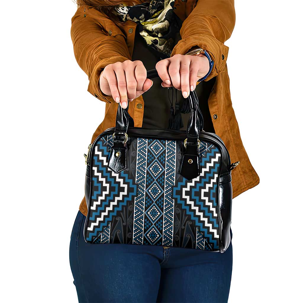 Azure Tukutuku Pattern Aotearoa Shoulder Handbag Niho Taniwha and Puhoro Motifs LT7 One Size Blue - Polynesian Pride