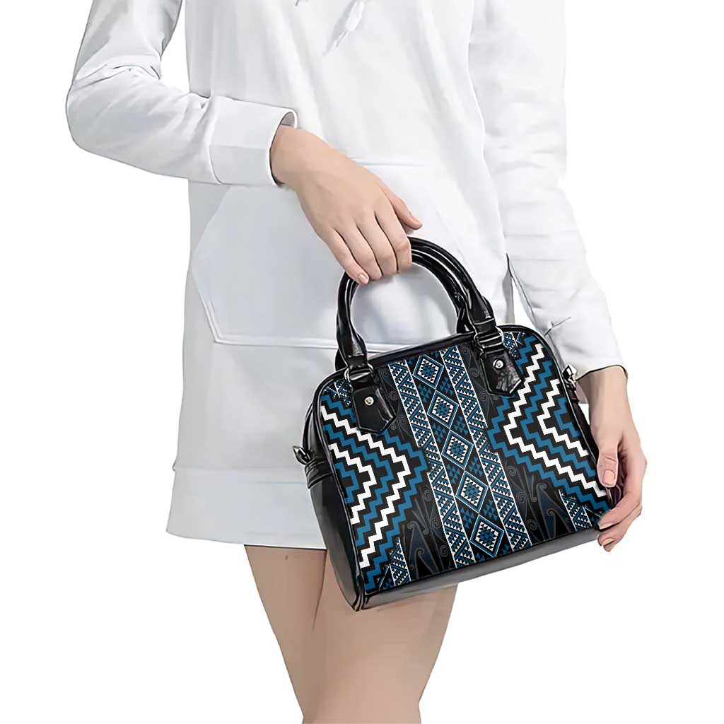 Azure Tukutuku Pattern Aotearoa Shoulder Handbag Niho Taniwha and Puhoro Motifs LT7 - Polynesian Pride