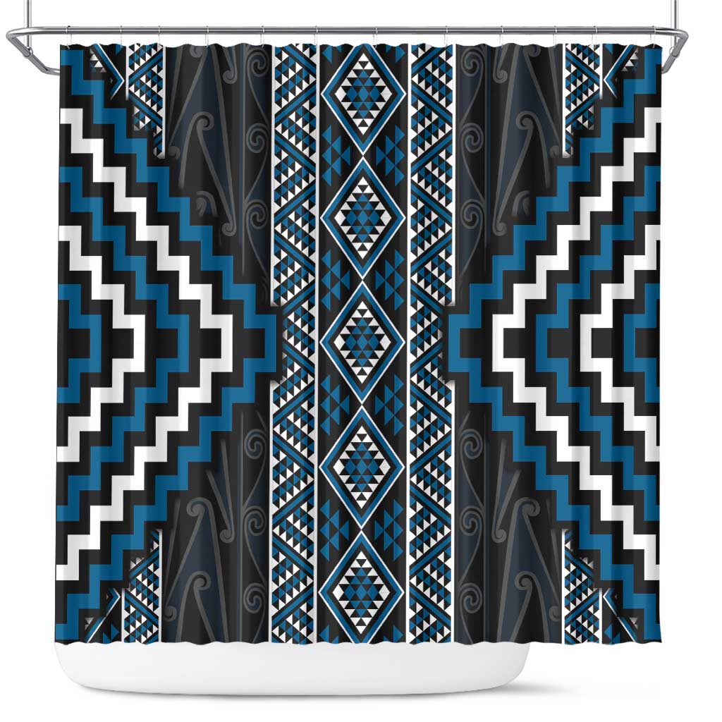 Azure Tukutuku Pattern Aotearoa Shower Curtain Niho Taniwha and Puhoro Motifs LT7 Blue - Polynesian Pride