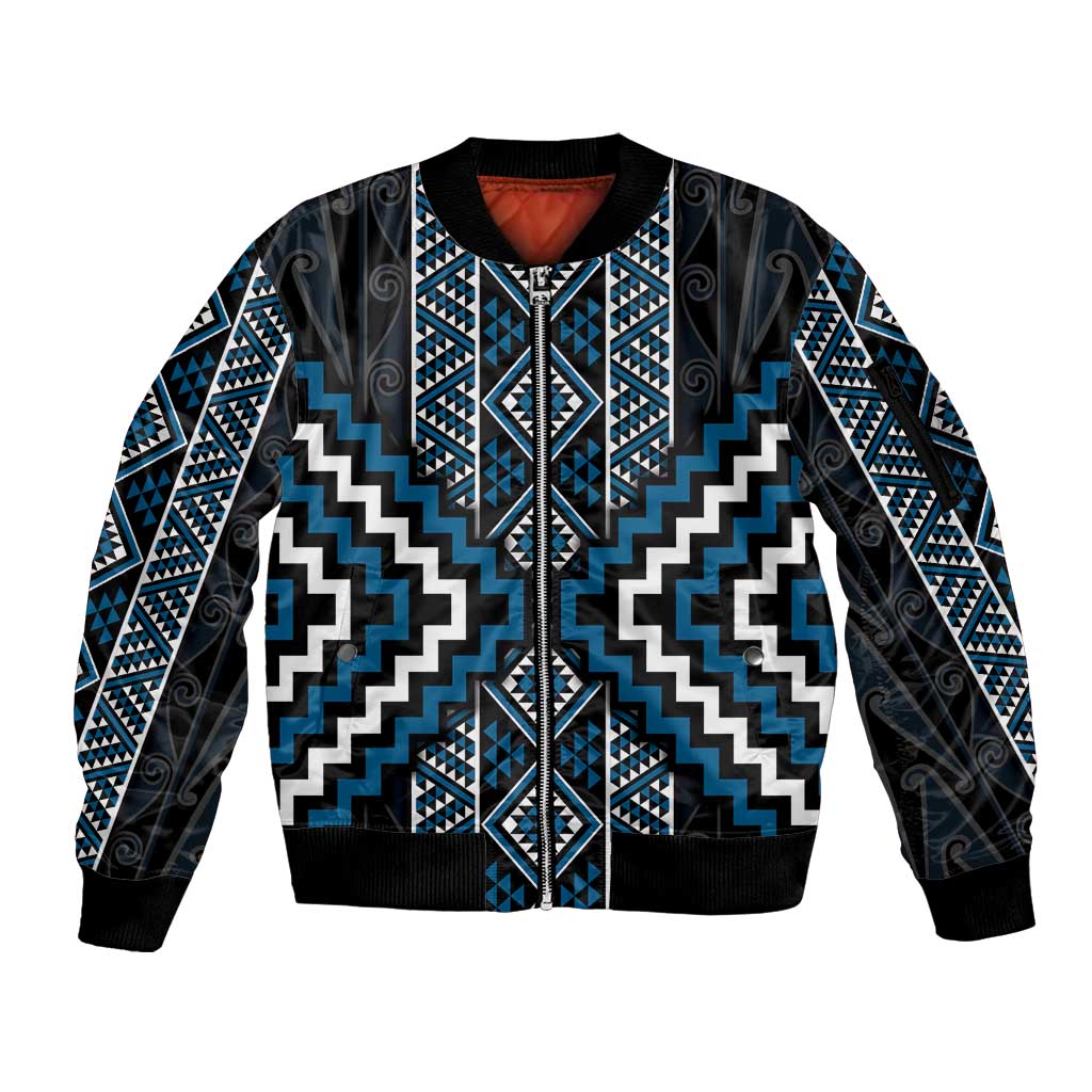 Azure Tukutuku Pattern Aotearoa Sleeve Zip Bomber Jacket Niho Taniwha and Puhoro Motifs LT7 Unisex Blue - Polynesian Pride