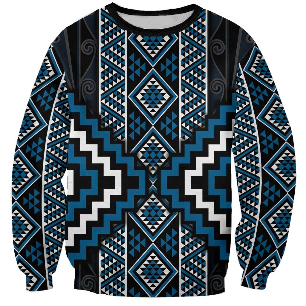 Azure Tukutuku Pattern Aotearoa Sweatshirt Niho Taniwha and Puhoro Motifs LT7 Unisex Blue - Polynesian Pride