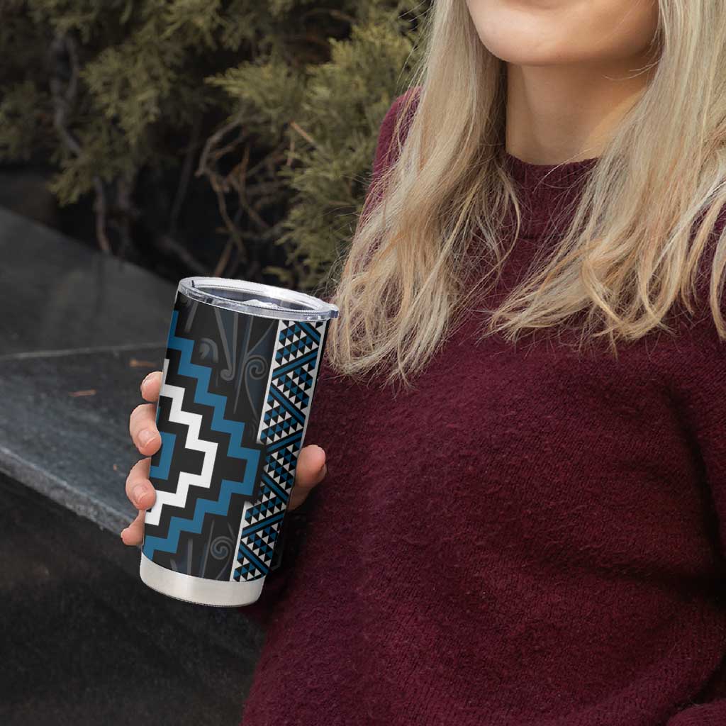 Azure Tukutuku Pattern Aotearoa Tumbler Cup Niho Taniwha and Puhoro Motifs