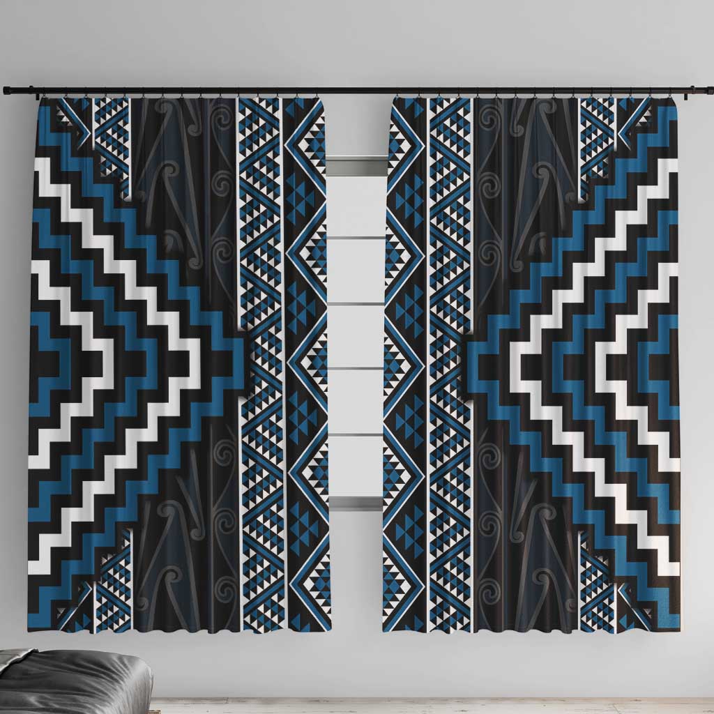 Azure Tukutuku Pattern Aotearoa Window Curtain Niho Taniwha and Puhoro Motifs LT7 With Hooks Blue - Polynesian Pride