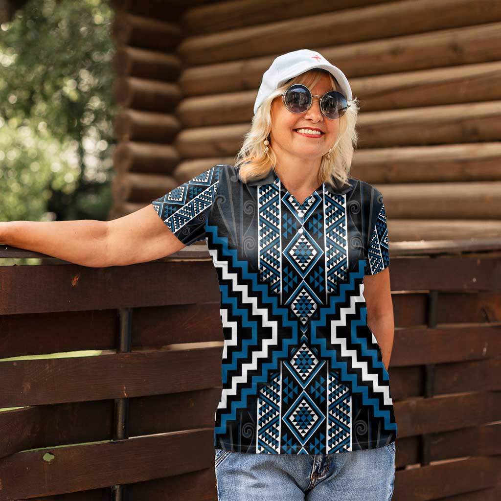 Azure Tukutuku Pattern Aotearoa Women Polo Shirt Niho Taniwha and Puhoro Motifs