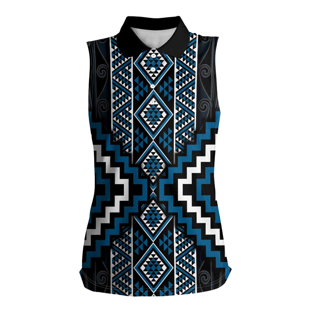 Azure Tukutuku Pattern Aotearoa Women Sleeveless Polo Shirt Niho Taniwha and Puhoro Motifs LT7 Female Blue - Polynesian Pride