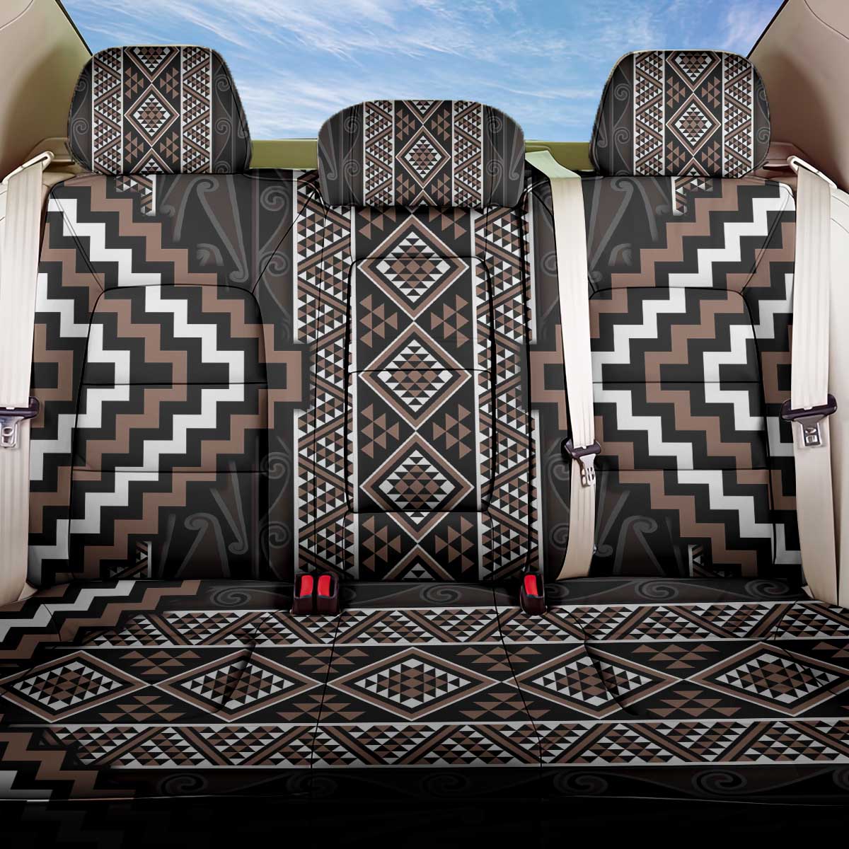 Classic Tukutuku Pattern Aotearoa Back Car Seat Cover Niho Taniwha and Puhoro Motifs LT7 One Size Brown - Polynesian Pride