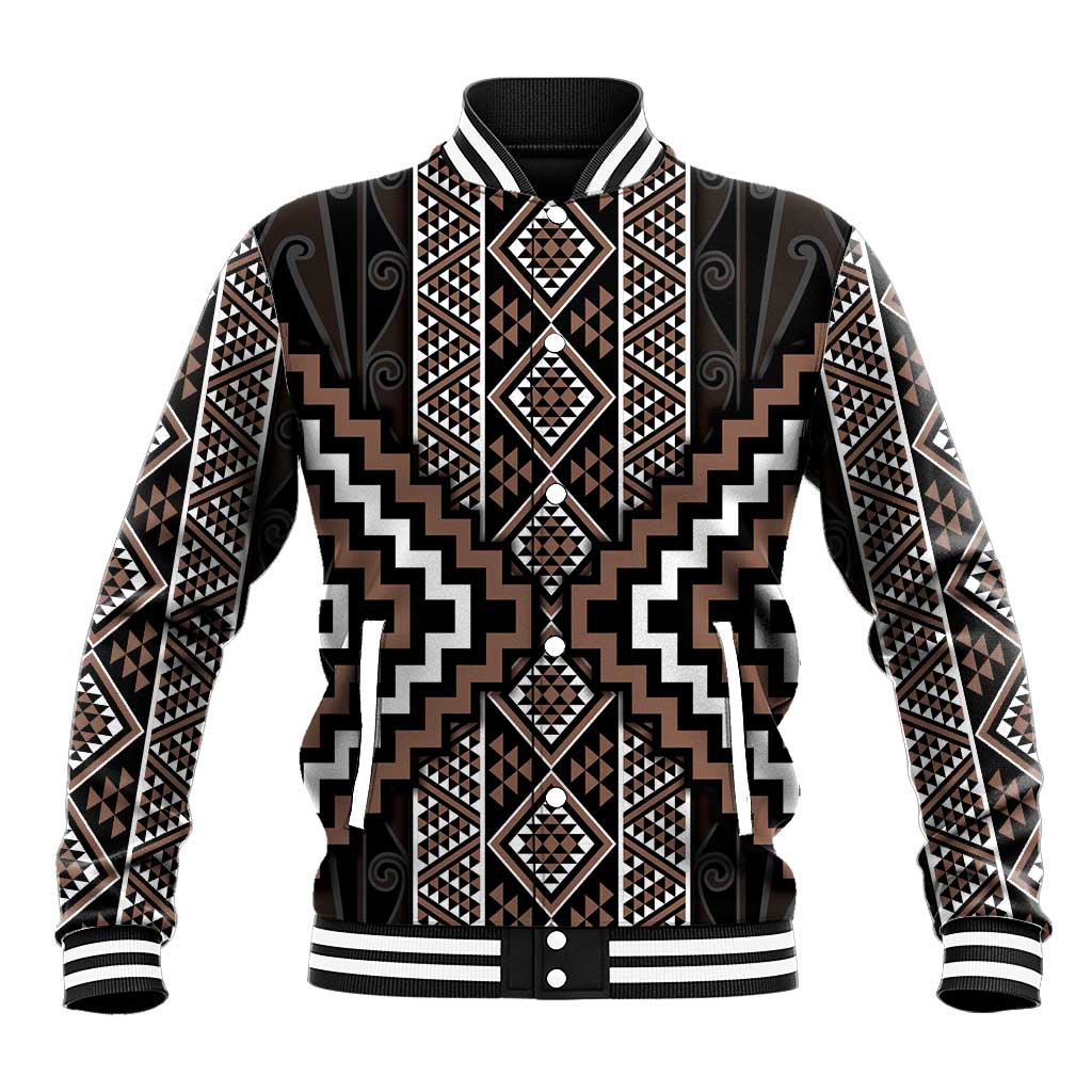 Classic Tukutuku Pattern Aotearoa Baseball Jacket Niho Taniwha and Puhoro Motifs LT7 Unisex Brown - Polynesian Pride