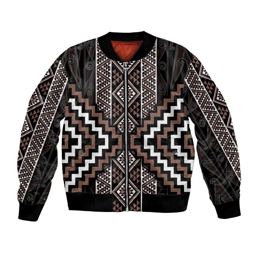 Classic Tukutuku Pattern Aotearoa Bomber Jacket Niho Taniwha and Puhoro Motifs LT7 Unisex Brown - Polynesian Pride