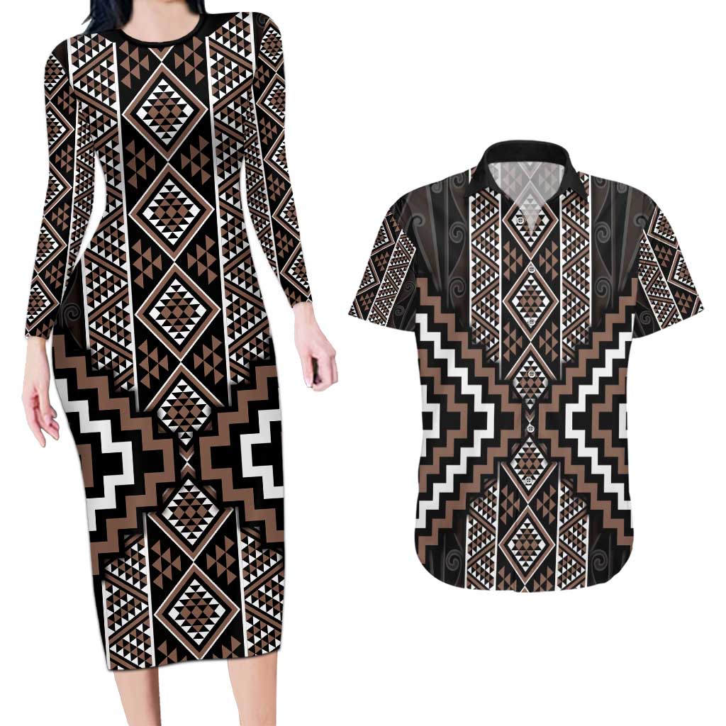 Classic Tukutuku Pattern Aotearoa Couples Matching Long Sleeve Bodycon Dress and Hawaiian Shirt Niho Taniwha and Puhoro Motifs LT7 Brown - Polynesian Pride